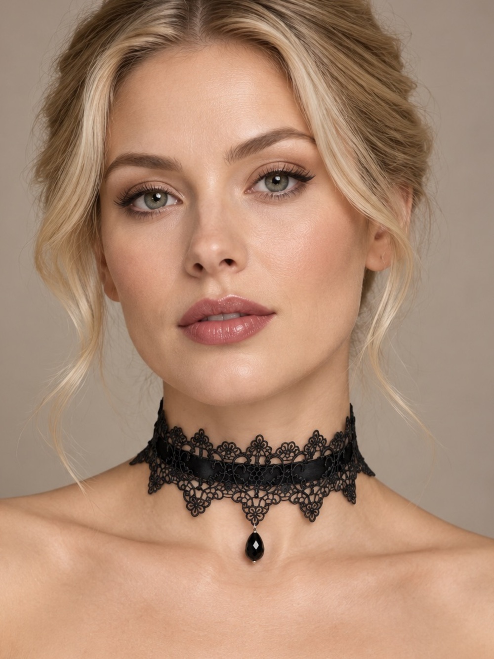 Black Lace Choker Necklace with Black Teardrop